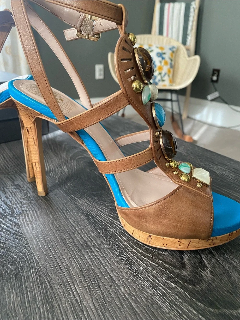 Vince Camuto Brown Leather Jeweled Wedge Sandals with Bright Blue Insole